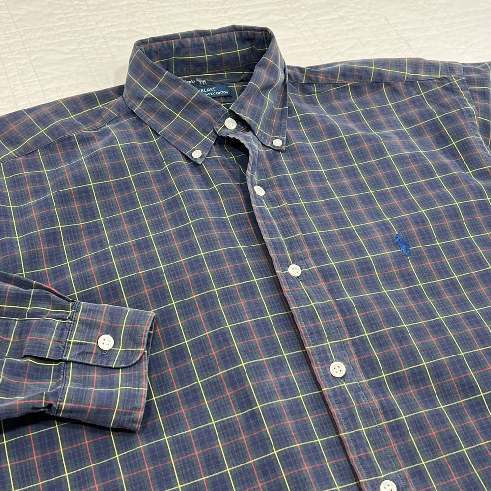 Ralph Lauren Blake Mens‎ M Plaid Button Down Shirt Navy Green Cotton Vintage 90s